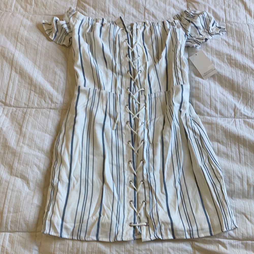 Tobi Blue Striped off the shoulder Mini Dress size L